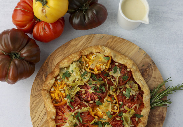 Bruised Tomato Galette with Leeks and Pine Nuts