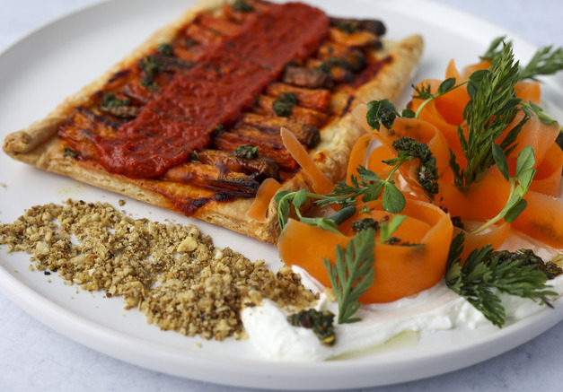 Caramelized Carrot Tart with Carrot Top Salsa Verde