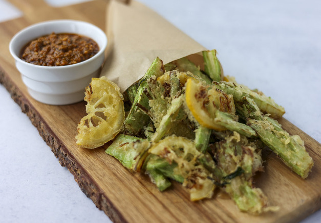 Tempura Broccoli Stalks with Sundried Tomato Basil Chimichurri