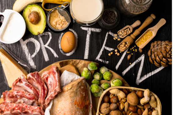 PROTEIN written on chalkboard table, surrounded by high protein food like avocado, egg, meat, nuts, seeds, brussel sprouts