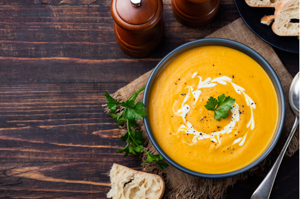 Pumpkin Soup with garnish and bread