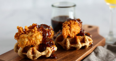 Southern Style Chicken & Waffles with Bacon Onion Maple Syrup