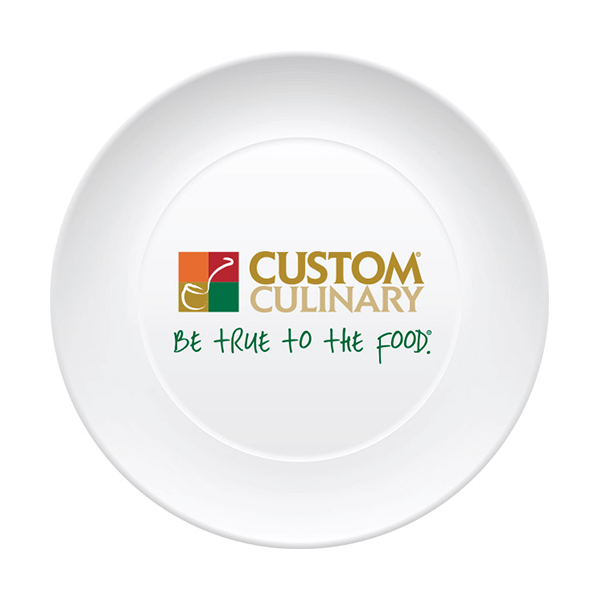 Custom Culinary logo on white dinner plate with phrase BE TRUE TO THE FOOD