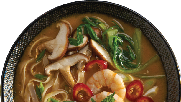 Broth Bowl with Mushrooms, Shrimp and Red Chiles