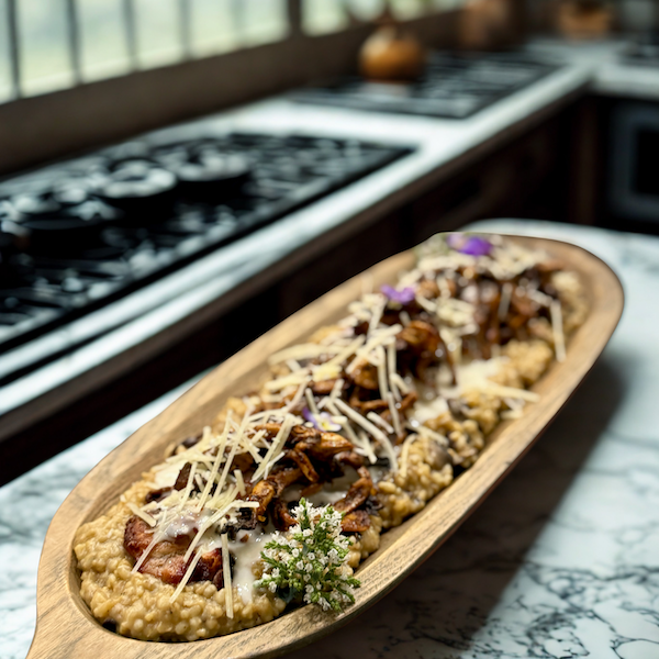Parmesan and Mushroom Oats with Grilled Pork Tenderloin and Beurre Blanc Drizzle