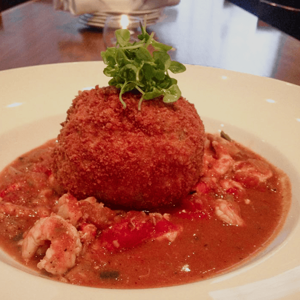 Pea and Mint Arancini with Shrimp Cioppino Sauce