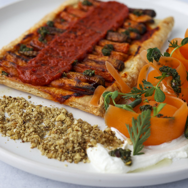 Carmelized Carrot Tart with Carrot Top Salsa Verde