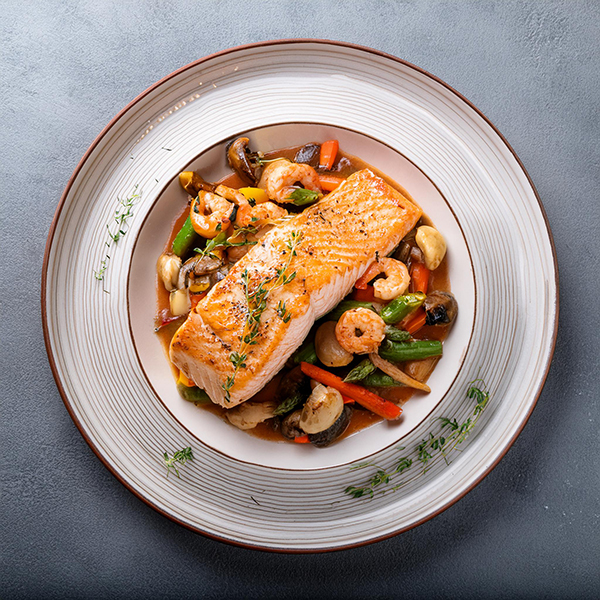 Grilled Chinook Salmon & Seafood Ragout