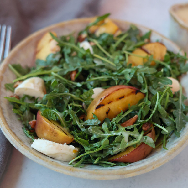 Grilled Peach and Fresh Mozzarella Salad with Beurre Blanc Vinaigrette