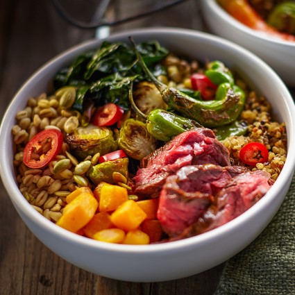 Charred Beef, Vegetables and Grain Bowl