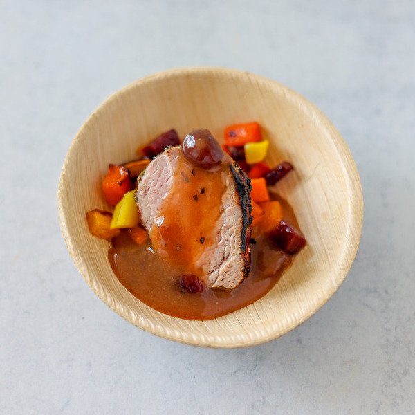 Pork Tenderloin with Roasted Root Vegetables and Apple-Cranberry Demi-Glace