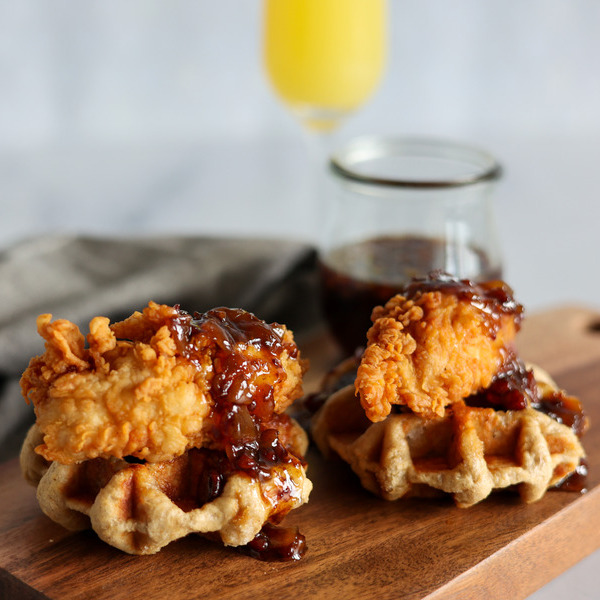 Southern Style Chicken & Waffles with Bacon Onion Maple Syrup