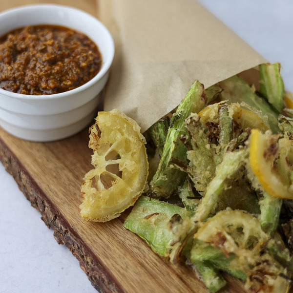 Tempura Broccoli Stalks with Sundried Tomato Basil Chimichurri