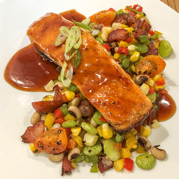 Kentucky Bourbon Lacquered Farm Raised Salmon with Charred Succotash 