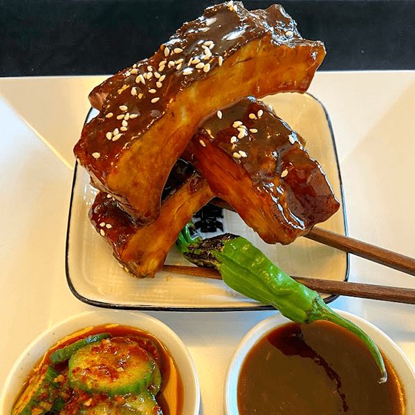 Chili Garlic Glazed Pork Ribs with Cucumber Kimchi