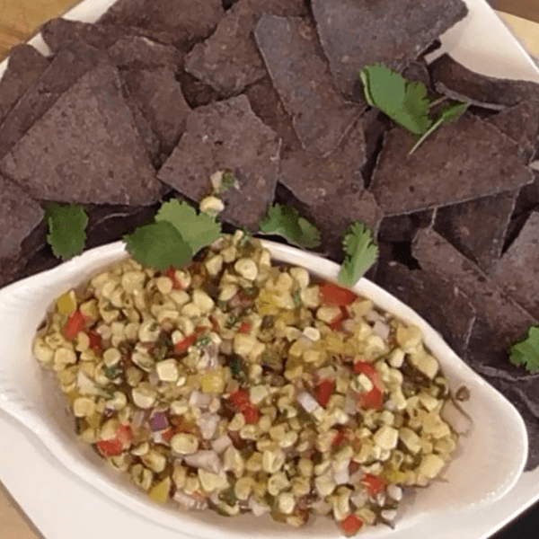 Jalapeño Corn Relish with Crispy Blue Corn Tortilla Chips