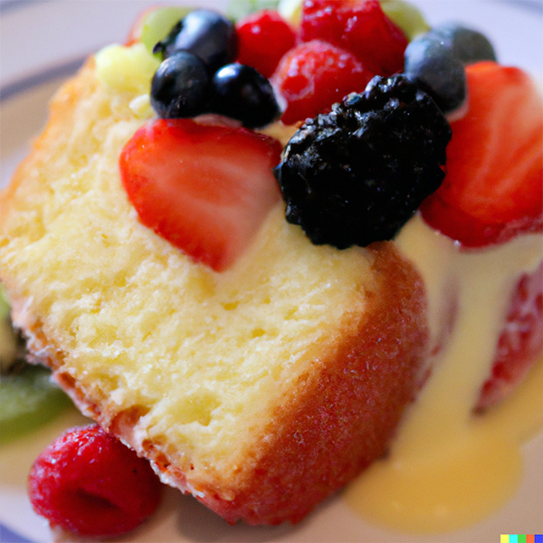 Pound cake, strawberries, kiwi, raspberries, blackberries, and blueberries with Orange Crème Anglaise Sauce