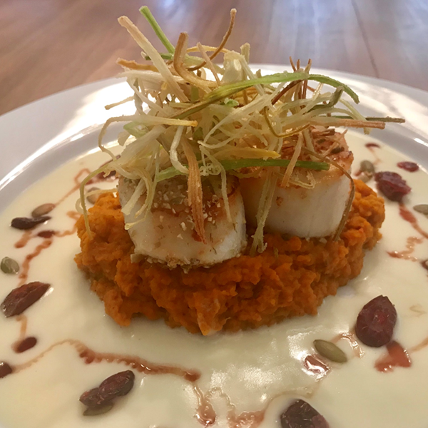 Coriander Crusted Scallops with Spiced Pumpkin Puree, Beurre Blanc and Pomegranate Gastrique