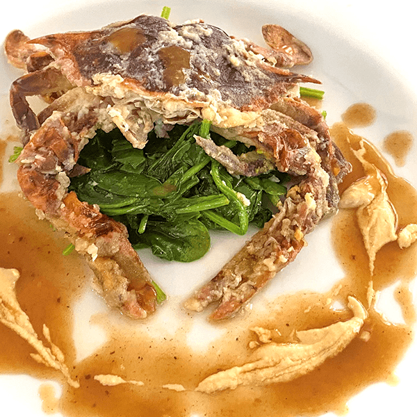 Sautéed Softshell Crab with Deconstructed Crab Robert Sauce