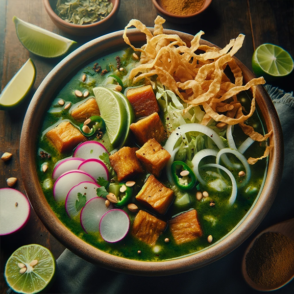 Spicy Pozole Verde with Jackfruit, Chayote, and Tomatillo Serrano Salsa