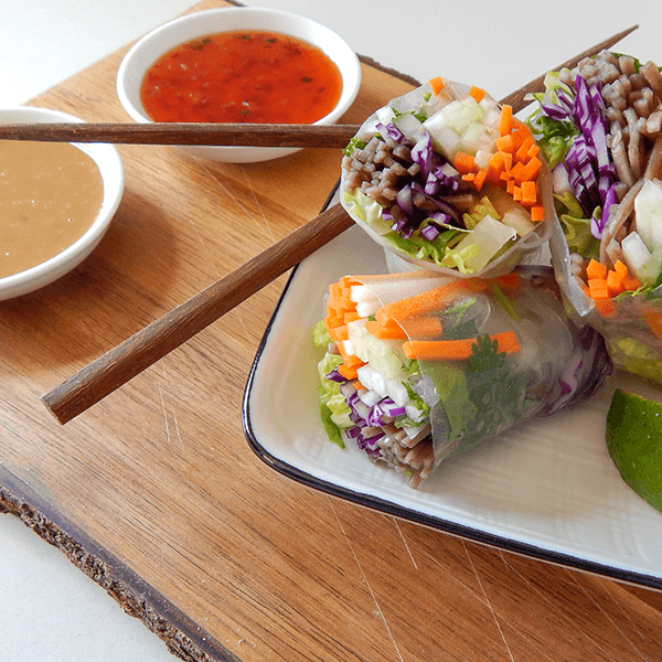 Fresh Vegetable Spring Rolls with Korean-Style Sweet Heat Sauce and Thai- Style Roasted Peanut Sauce
