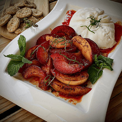 Harissa Glazed Stone Fruit with Fresh Burrata