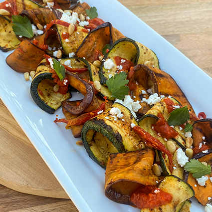 Grilled Zucchini & Eggplant with Harissa, Feta & Pine Nuts