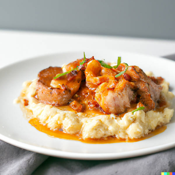 Kentucky Bourbon Pork & Shrimp Harissa Cheddar Grits
