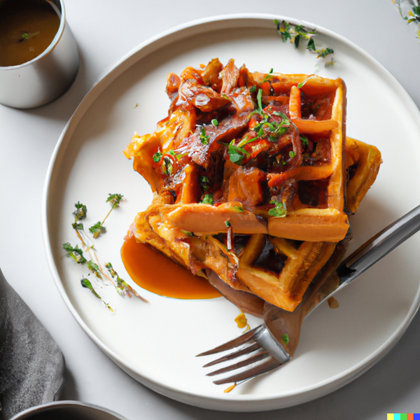 Pulled Pork and Bacon Waffles with Red Eye Gravy